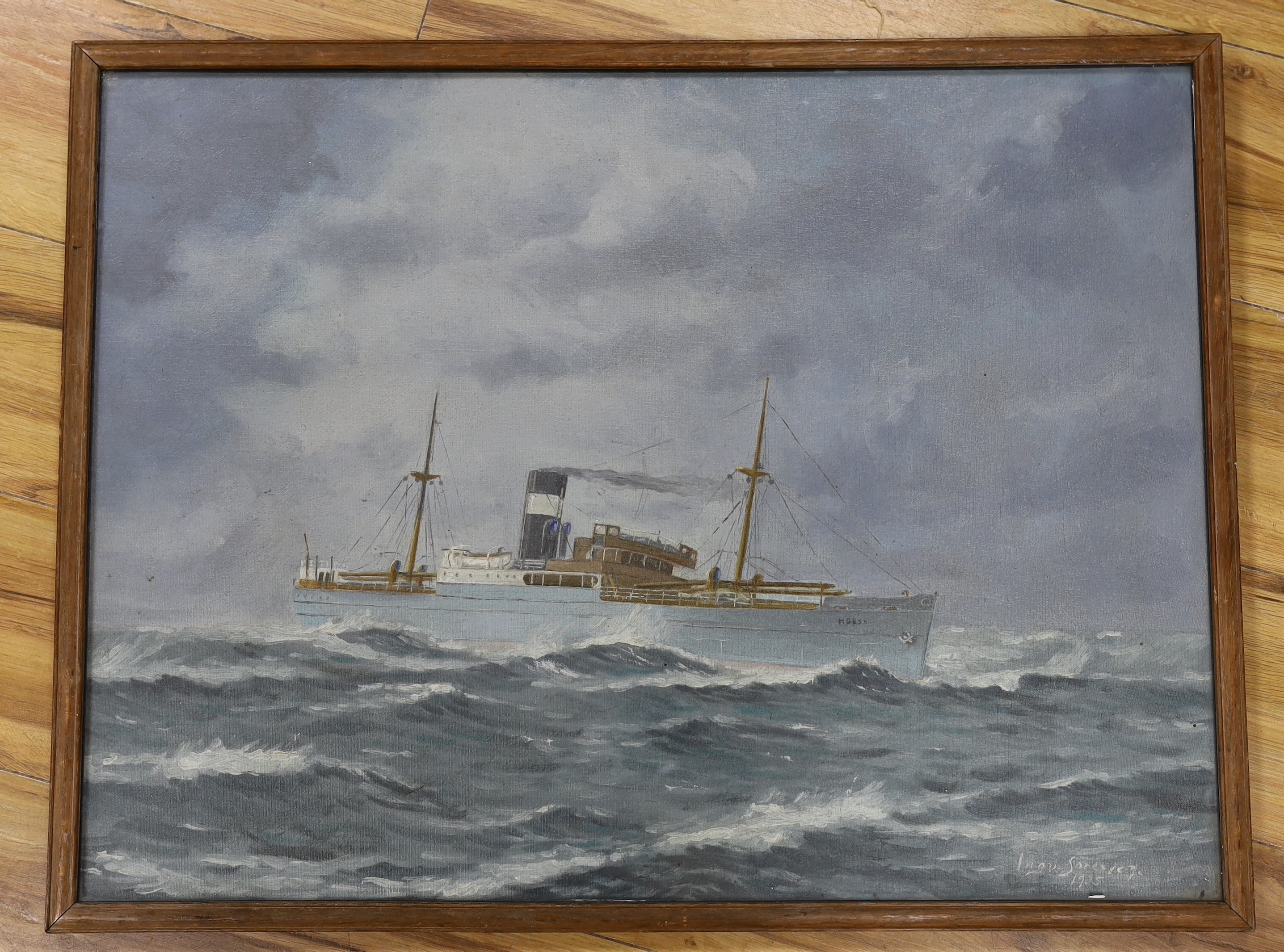 Ingu Sorensen, oil on canvas board, Steam yacht 'Horsa' at sea, signed and dated 1935, 51 x 68cm